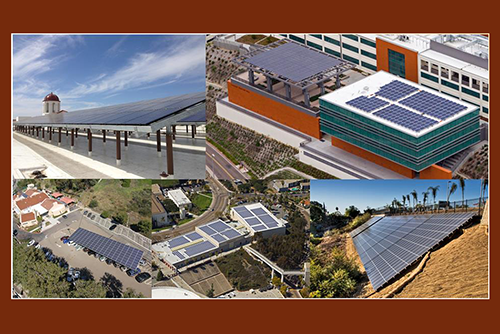 collage of solar panels on building roofs