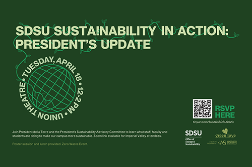 Sustainability in Action text with globe logo on green background