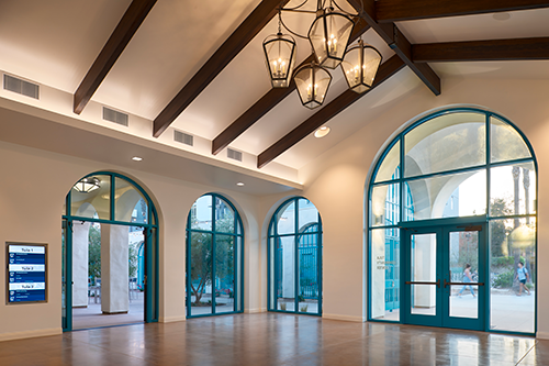 Interior hall with exposed wood beams